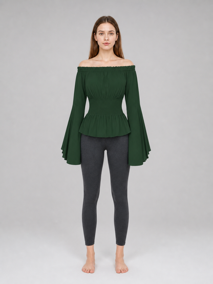 Dark Green Off-the-Shoulder Peplum Blouse