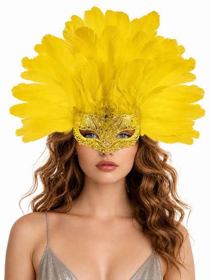 Carnival Mask with Yellow Feathers and Glitter