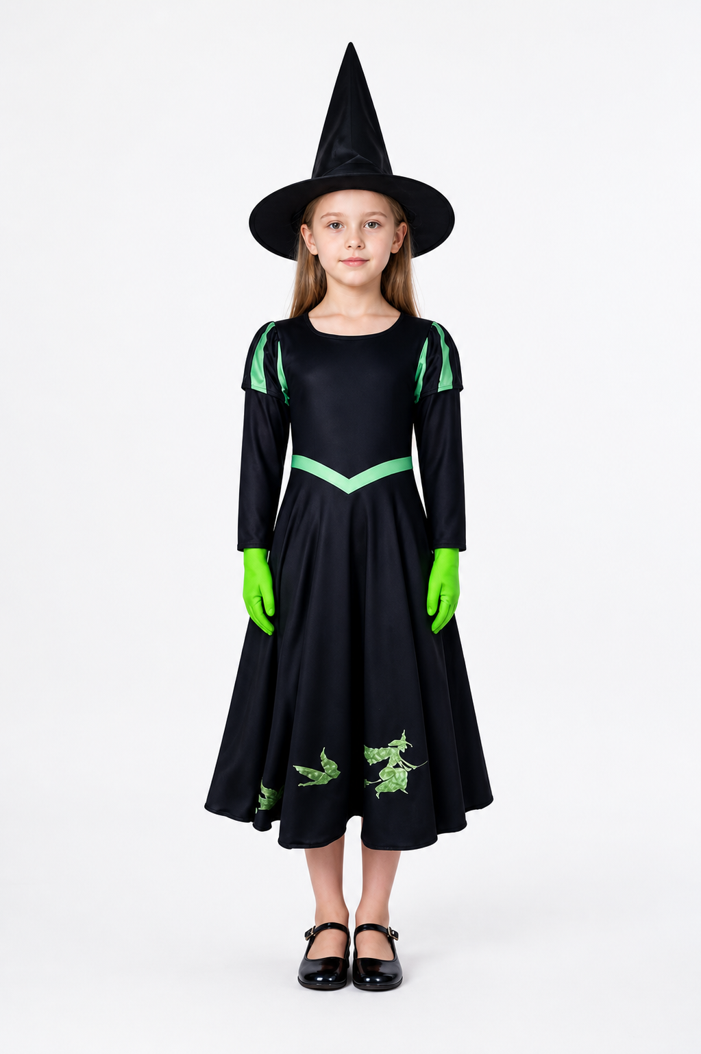 Witch Costume Set With Hat And Gloves, Black And Green Long Sleeve Dress With main product view