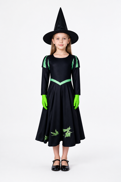 Witch Costume Set With Hat And Gloves, Black And Green Long Sleeve Dress With main product view