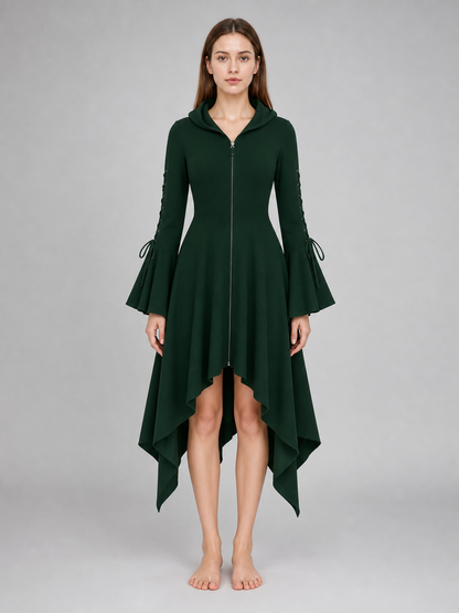Gothic Hooded Dress with an Asymmetrical Hem