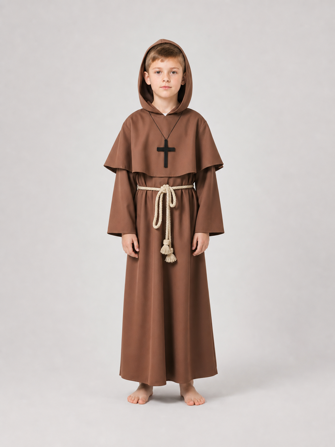 Brown hooded costume with cross