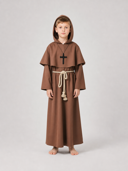Brown hooded costume with cross