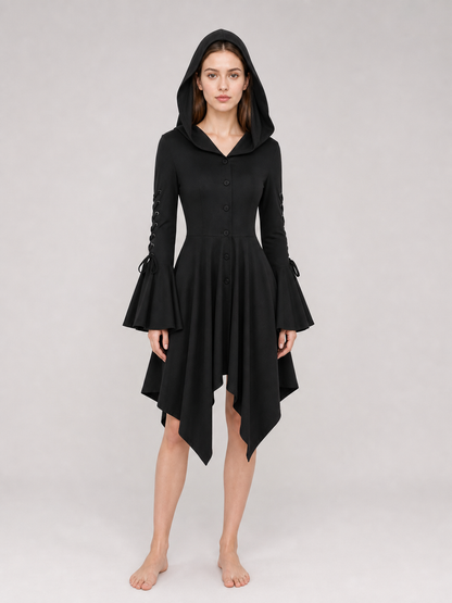 Gothic Hooded Dress with an Asymmetrical Hem