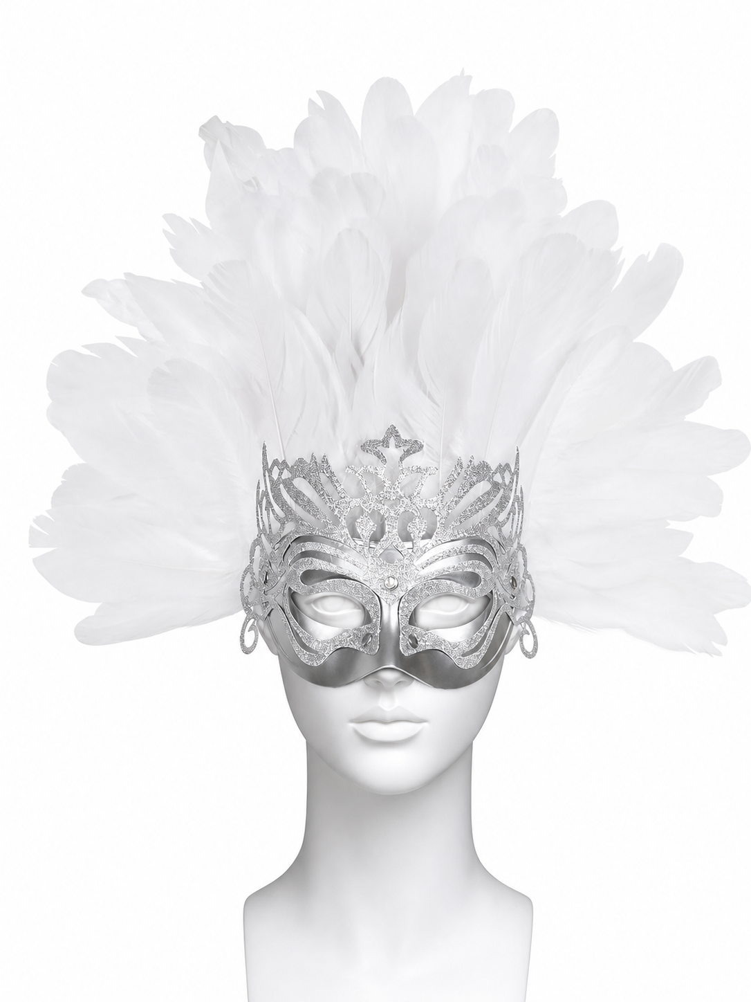 Close-up front view of a silver eye mask with white feathers, rhinestone details, and decorative side loops
