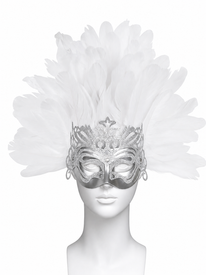 Close-up front view of a silver eye mask with white feathers, rhinestone details, and decorative side loops