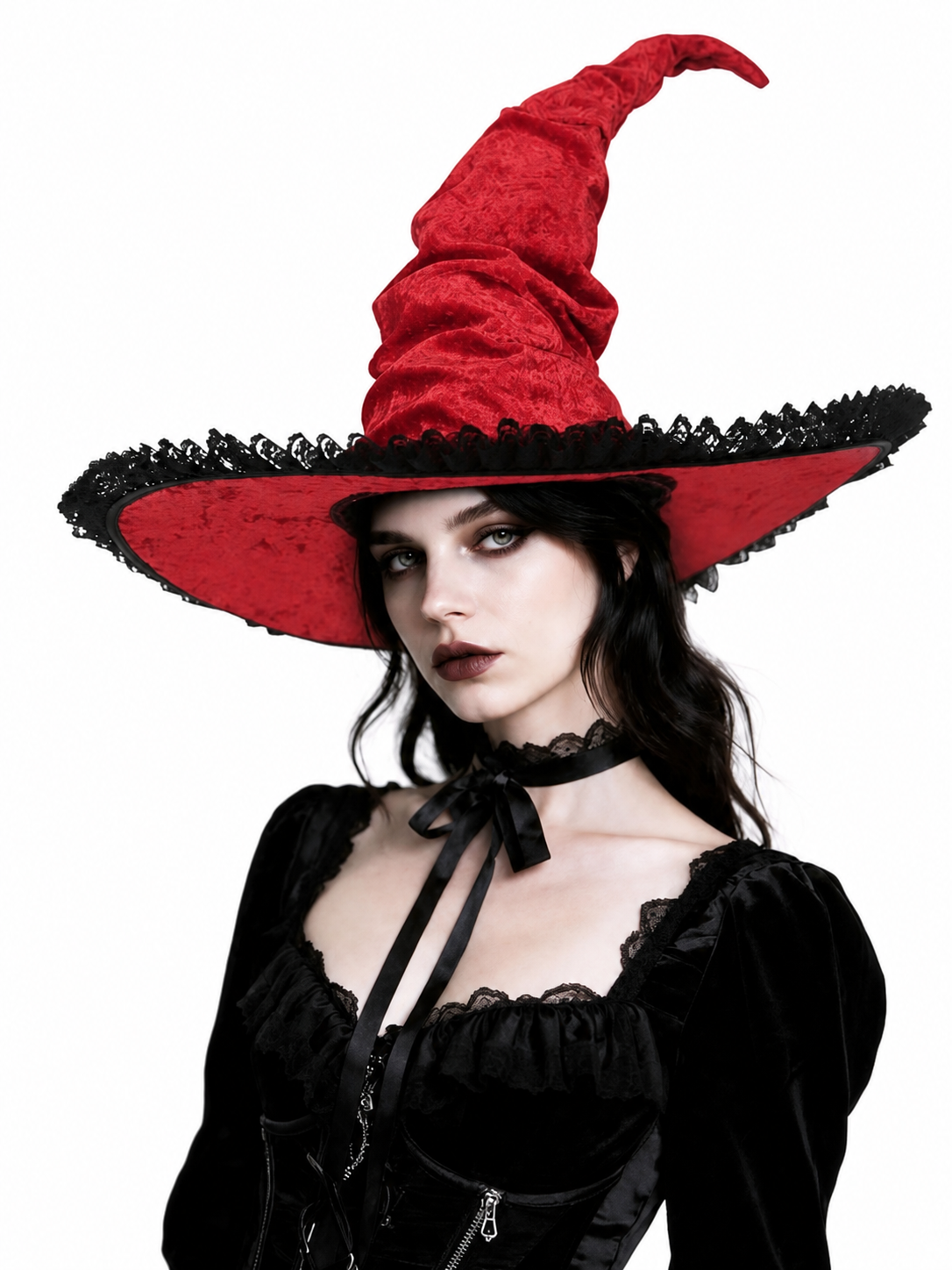 Red and Black Wide Brim Witch Hat, Tall Curved Pointed Top with Black Lace Trim