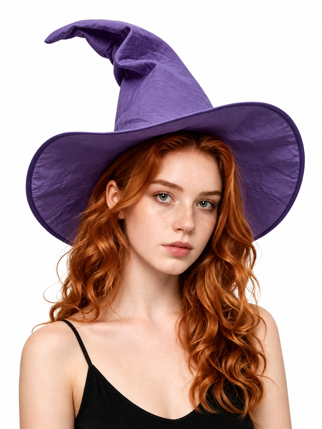 Purple pointed witch hat with a wide brim and bent tip, shown in a front close-up on a red-haired model