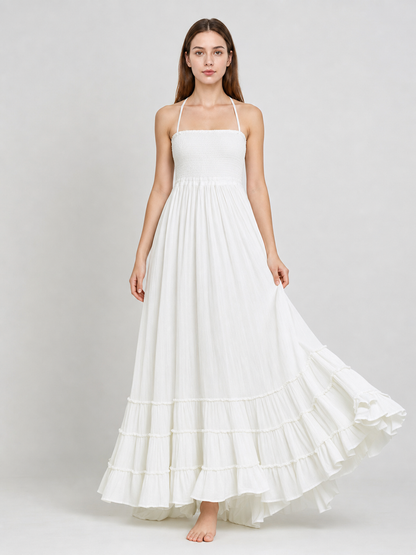 White Boho Maxi Dress with Open Back