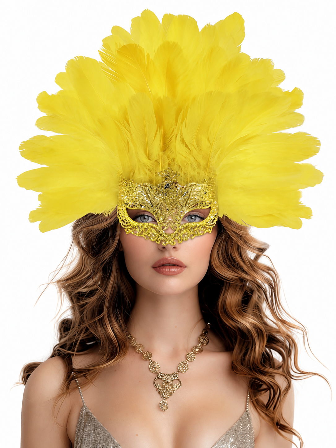 Carnival Mask with Yellow Feathers and Glitter