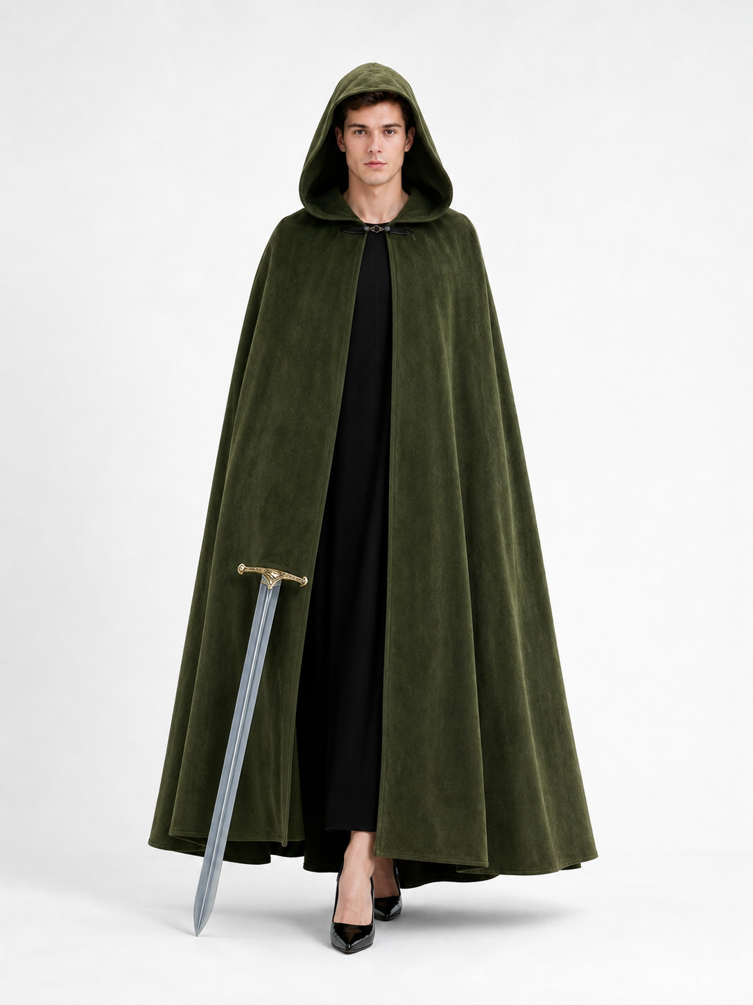 Long Green Hooded Costume Cloak