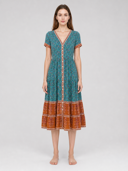 Printed Midi Dress with Short Sleeves