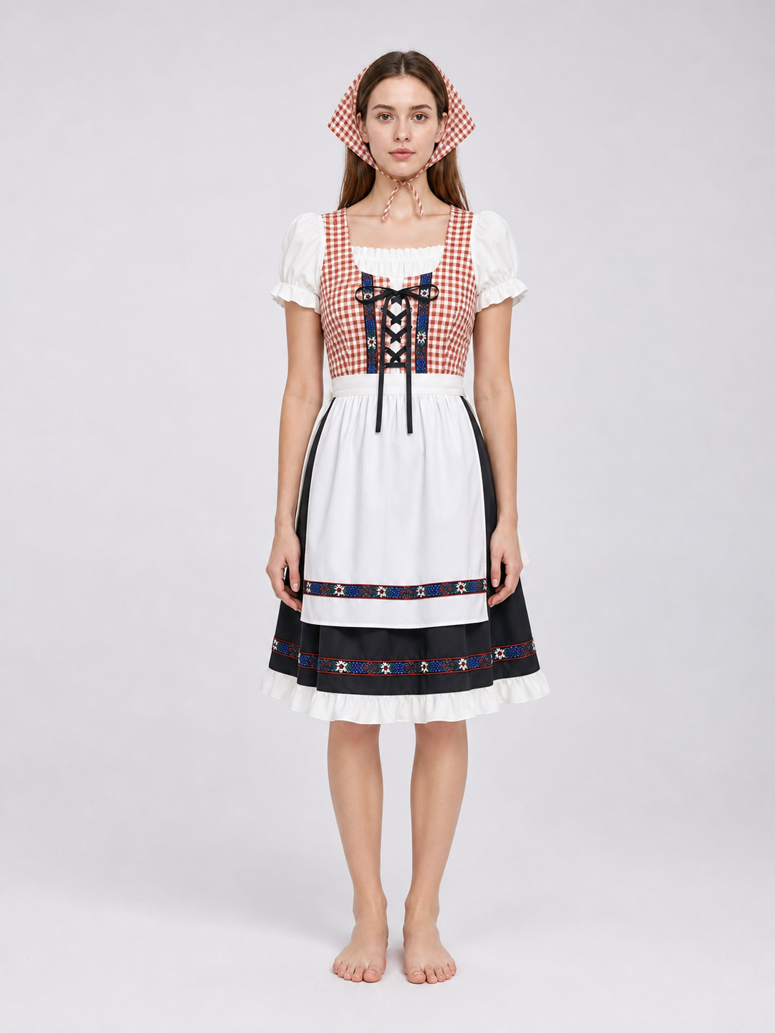 This traditional costume is designed in a vintage folk style and is suitable for creating a striking look for a costume party, themed event, holiday program, or cultural performance. The dress features a brown-and-white plaid pattern: this 
