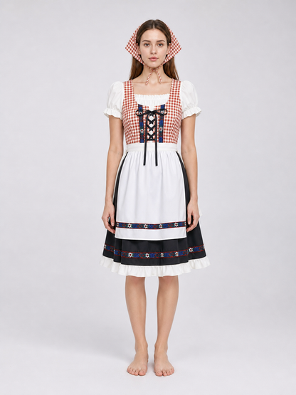 This traditional costume is designed in a vintage folk style and is suitable for creating a striking look for a costume party, themed event, holiday program, or cultural performance. The dress features a brown-and-white plaid pattern: this 
