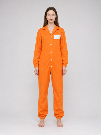 Close-up of the orange jumpsuit showing its pointed collar, white chest patch, white front buttons, and gathered sleeve cuff