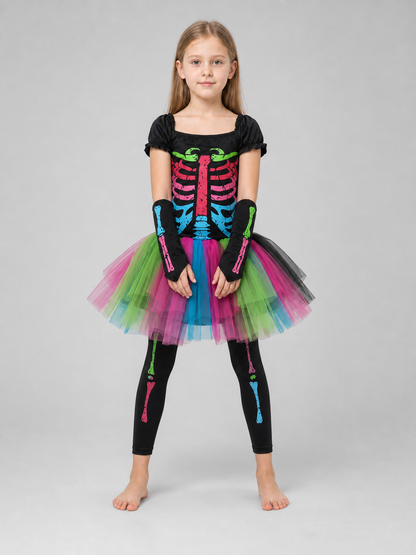Skeleton costume with a multicolored skirt