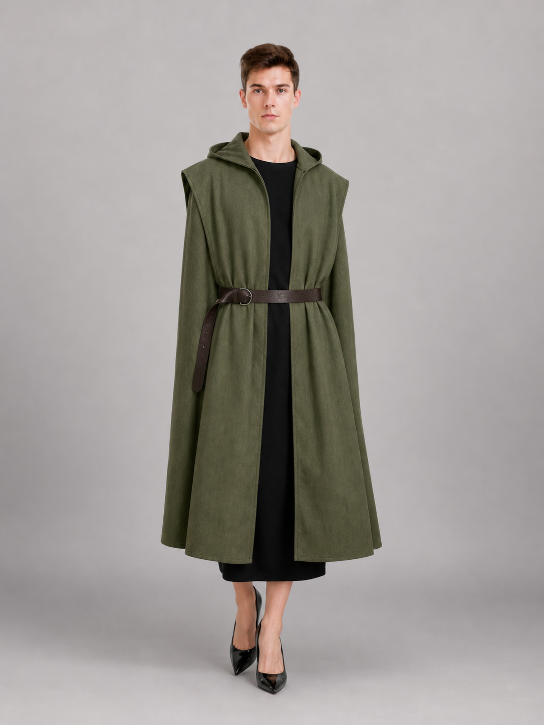 Medieval Fantasy Role Play Costume Set, 2-Piece Olive Green Hooded Sleeveless