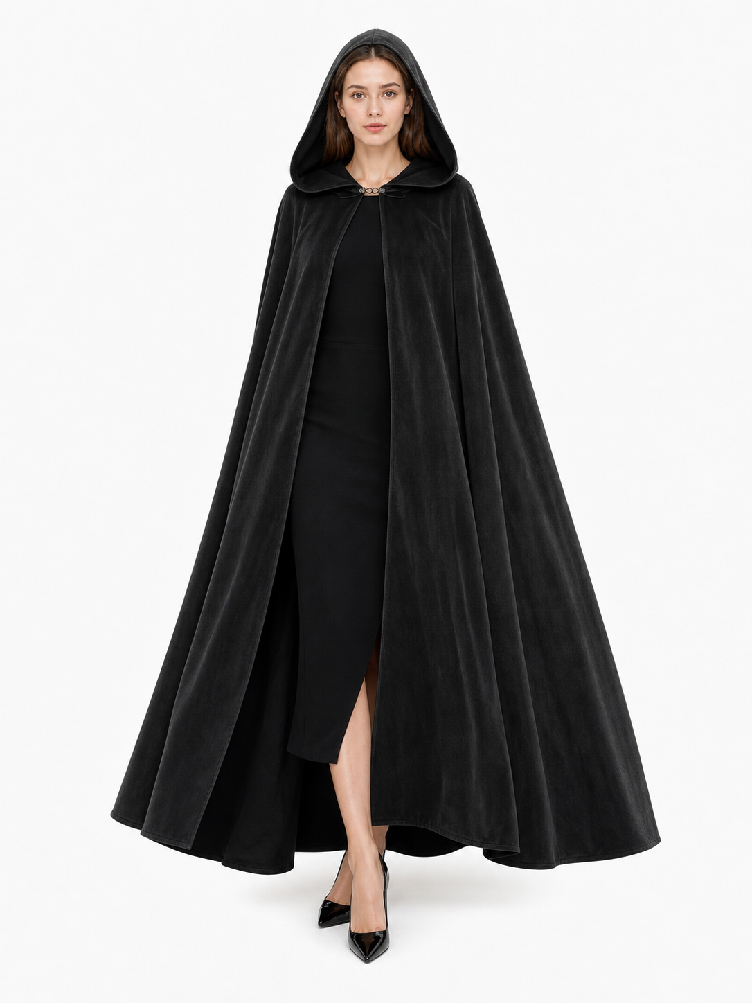 Long black hooded costume cloak