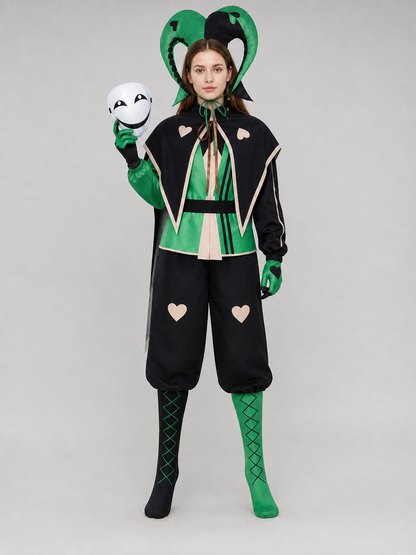 Theatrical clown jester costume in a black-and-green style for cosplay. The set is designed in an harlequin aesthetic and includes a black-and-green one-piece outfit with long sleeves, contrasting cream trim, and geometric panels. Heart-sha