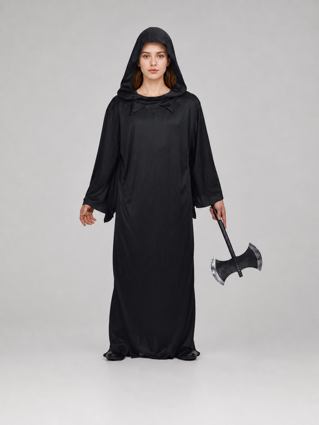Dark fantasy costume with hood and axe main product view 2