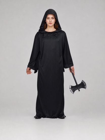 Dark fantasy costume with hood and axe main product view 2