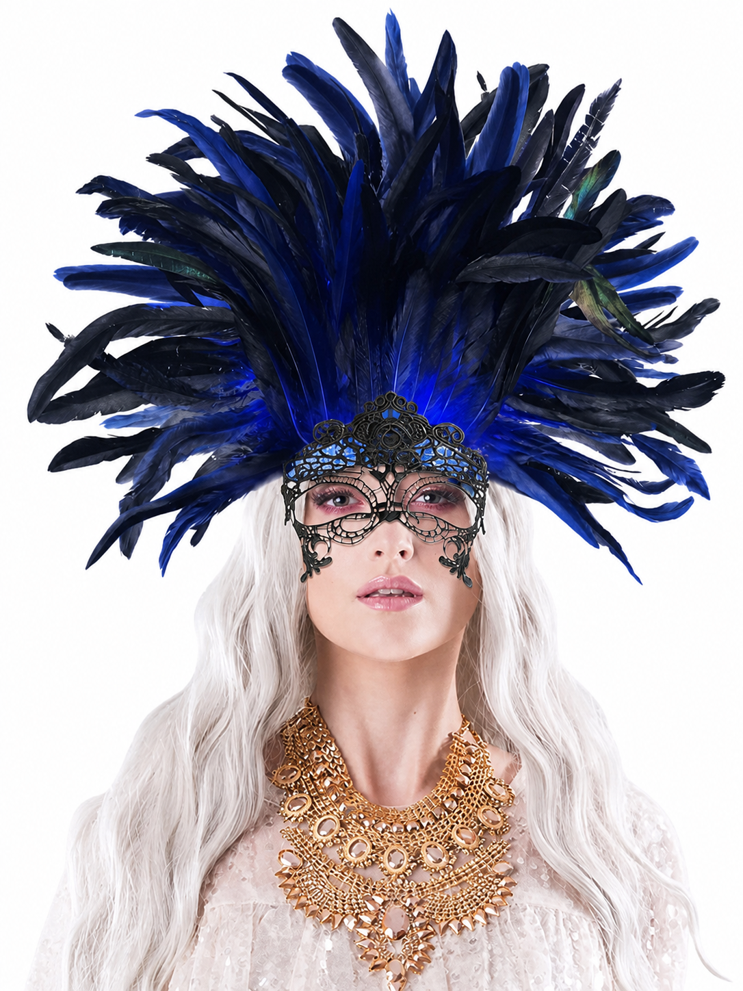 Carnival Headpiece with Blue-and-Black Feathers and Mask main product view 4