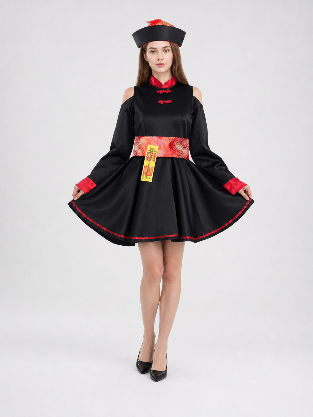 This costume dress is designed for striking theatrical looks and is suitable for cosplay, costume parties, themed performances, and photo shoots. The model follows a traditional Chinese style with expressive decorative details. The main col