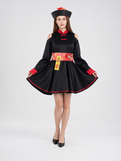 This costume dress is designed for striking theatrical looks and is suitable for cosplay, costume parties, themed performances, and photo shoots. The model follows a traditional Chinese style with expressive decorative details. The main col
