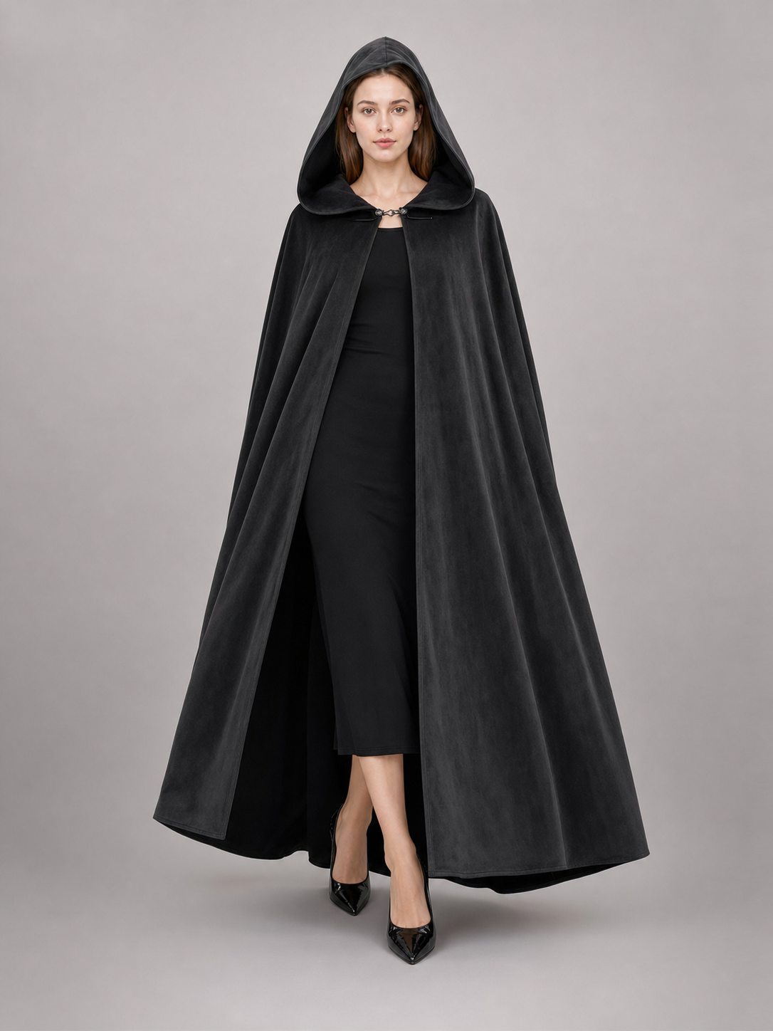 Long black hooded costume cloak