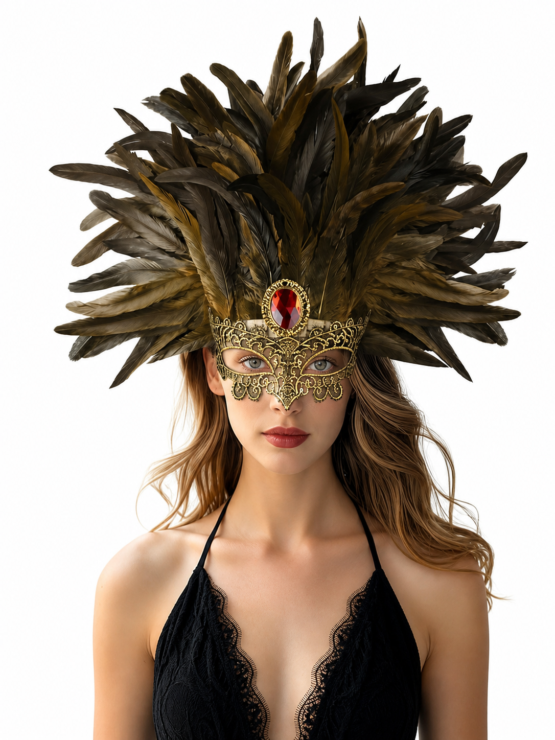 Carnival Headpiece with Mask and Feathers
