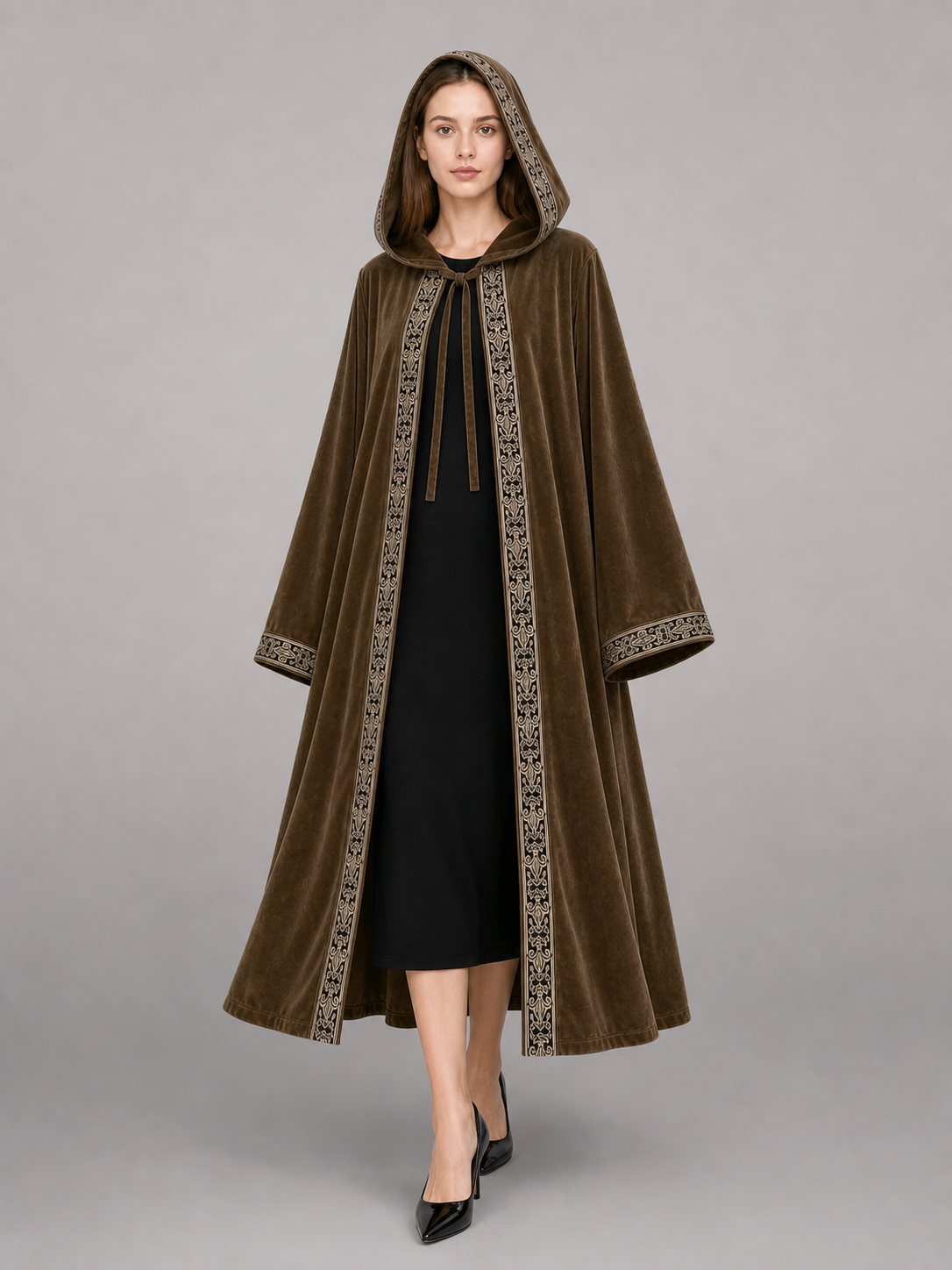 Long Hooded Robe, Brown, Loose Fit main product view 5