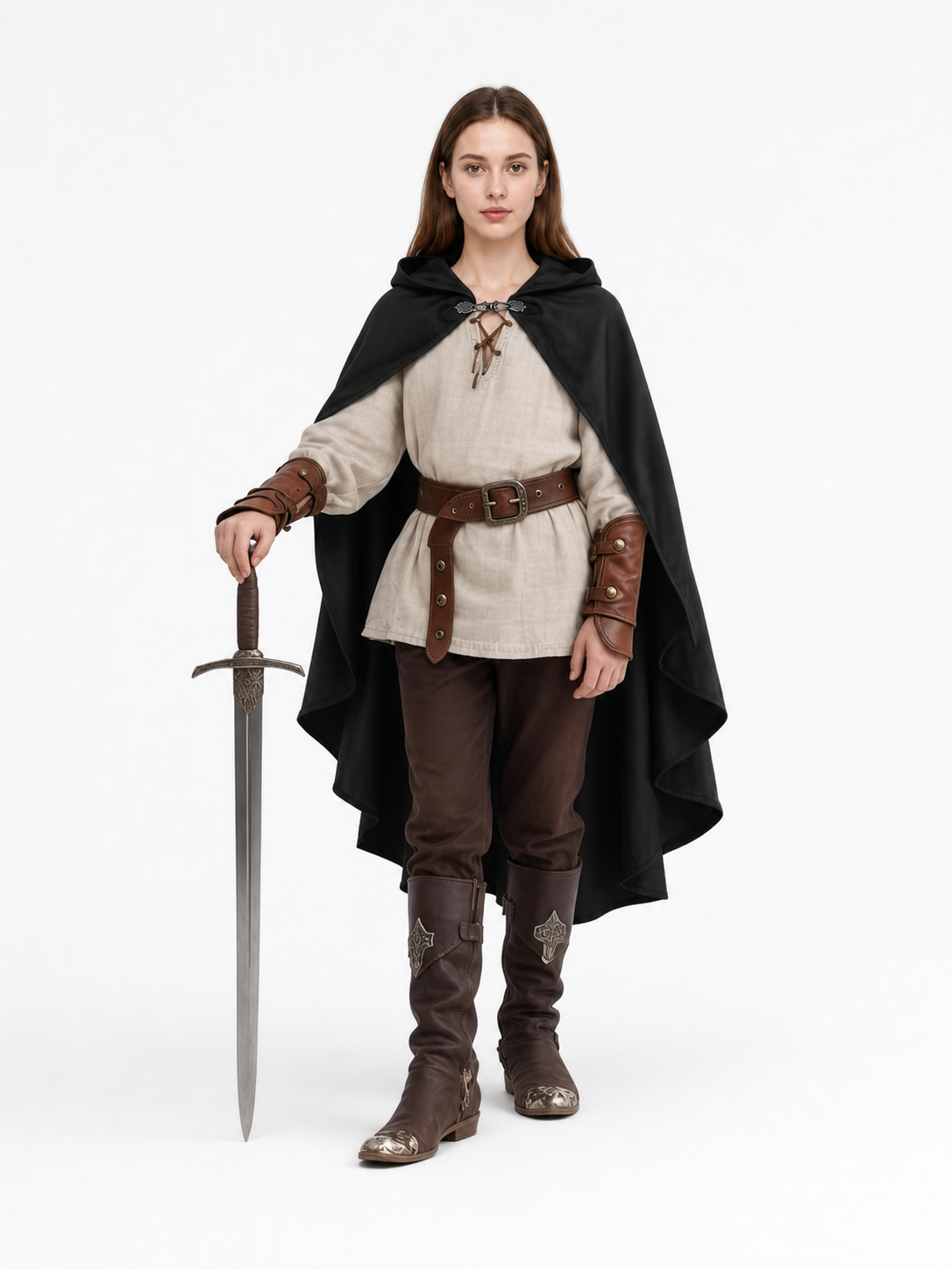 Black hooded cloak shown on an adult model over a medieval-style outfit with a belt, tall boots, and sword
