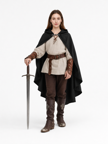 Black hooded cloak shown on an adult model over a medieval-style outfit with a belt, tall boots, and sword