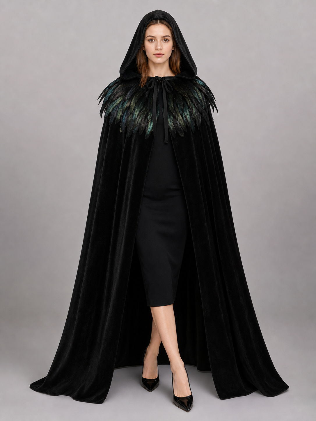 Black Velvet Hooded Cape with Feathers