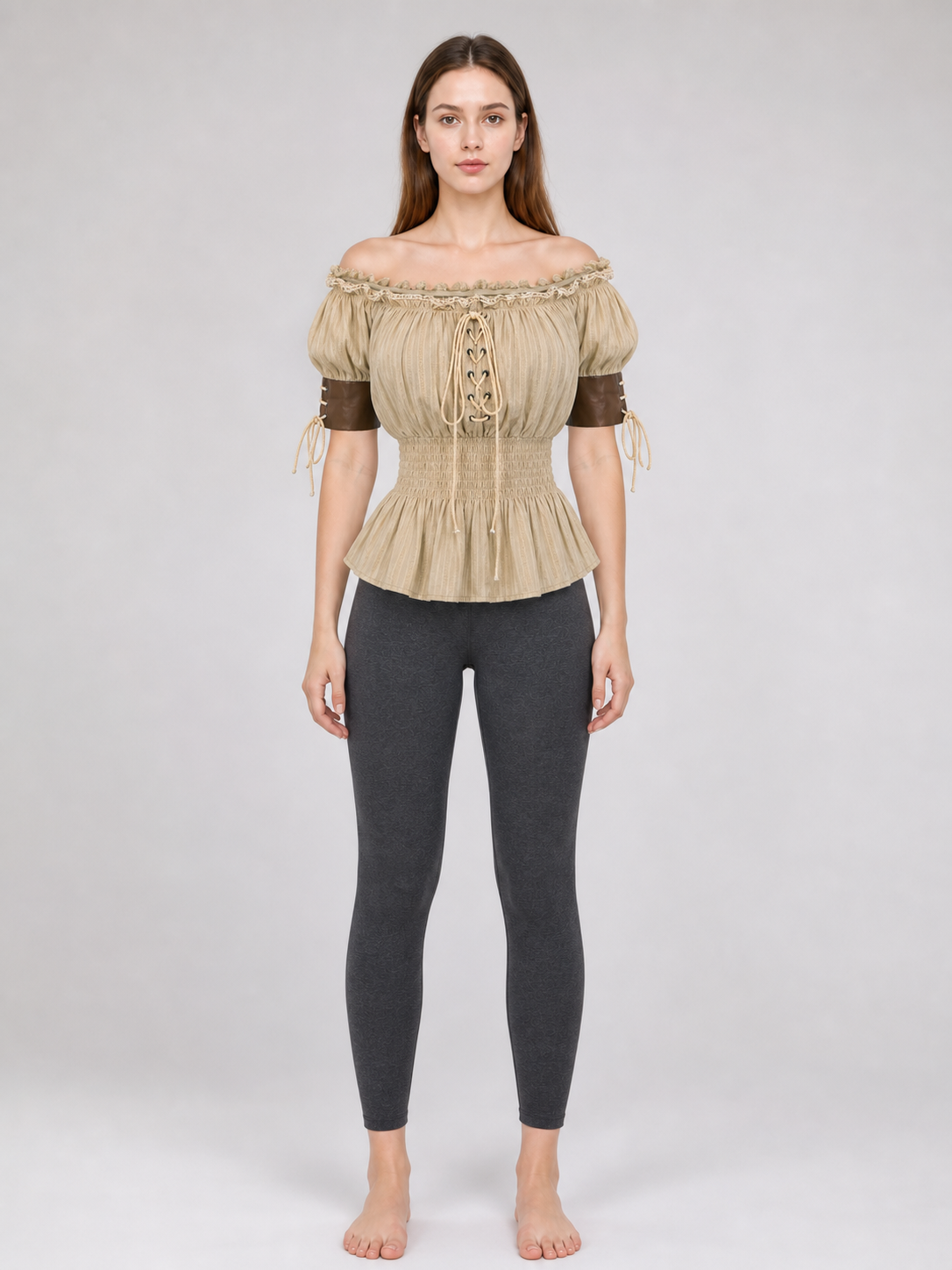 Vintage-Style Peasant Blouse with Lacing and Lace