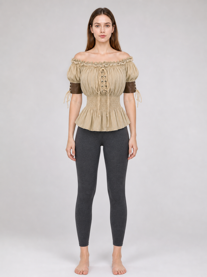 Vintage-Style Peasant Blouse with Lacing and Lace