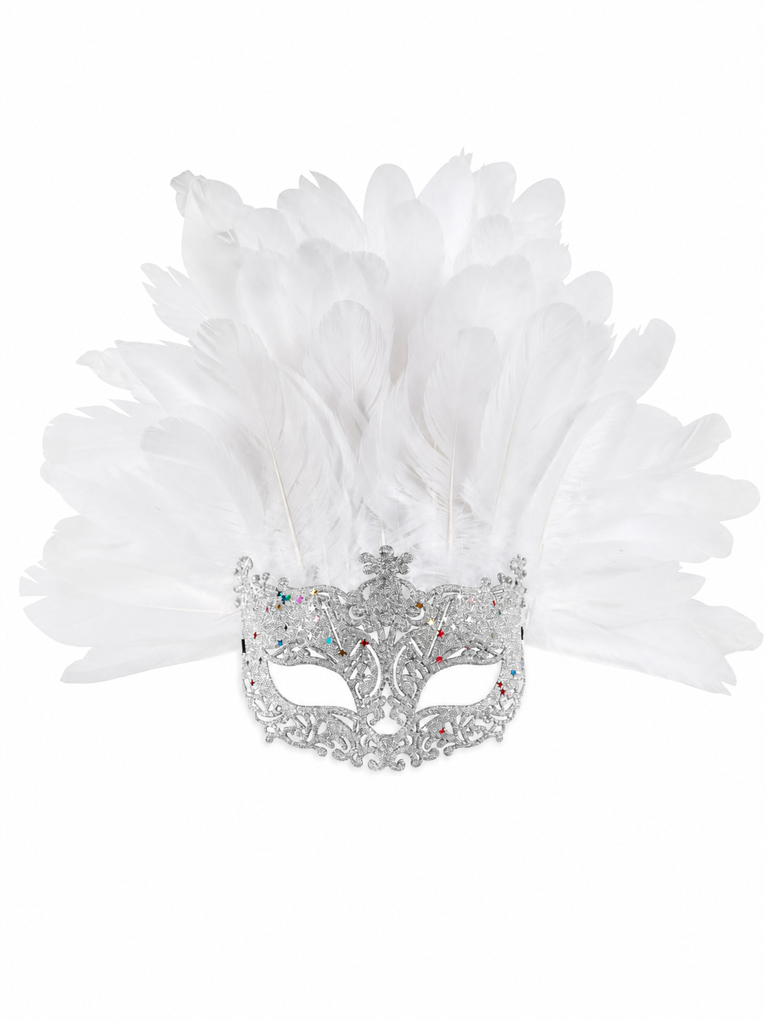 Masquerade Mask with White Feathers and Glitter