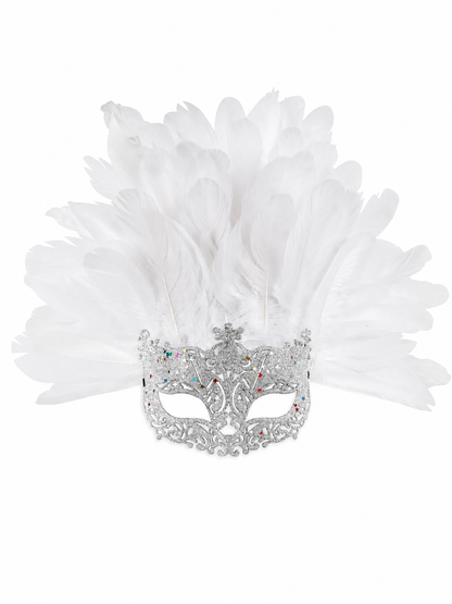 Masquerade Mask with White Feathers and Glitter