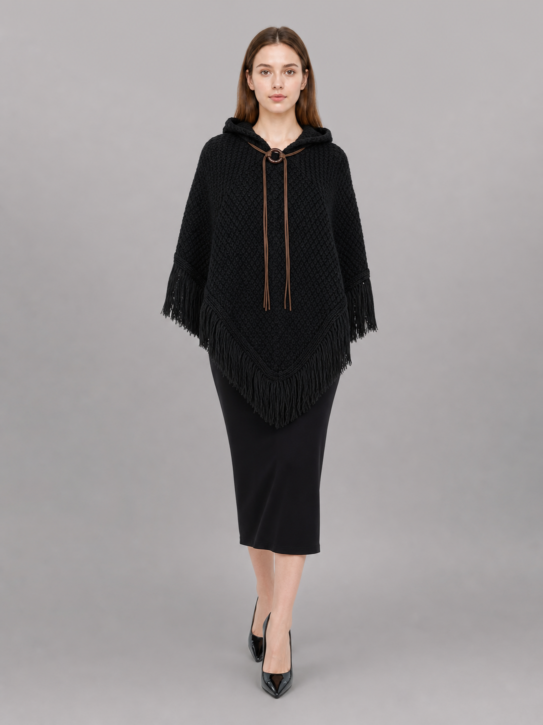 Triangular Hooded Poncho Cape with Belt