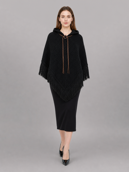 Triangular Hooded Poncho Cape with Belt