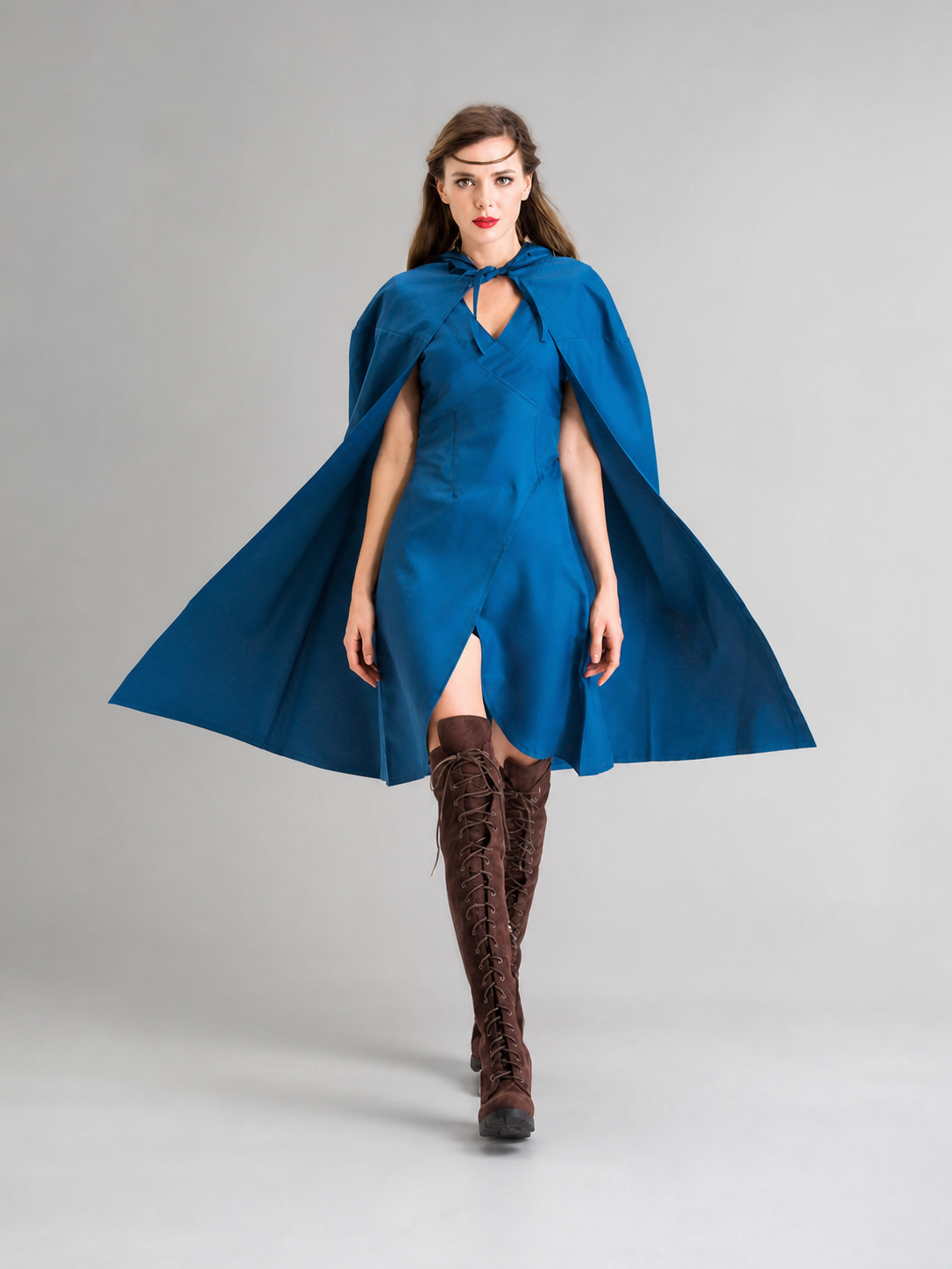 Vampire Costume with a Long Blue Dress and Cape