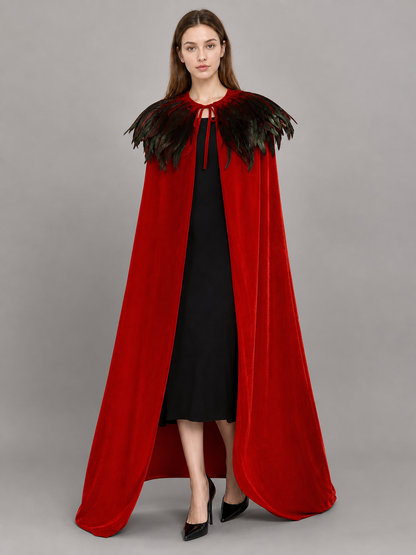 Red Velvet Cape with Feather Trim
