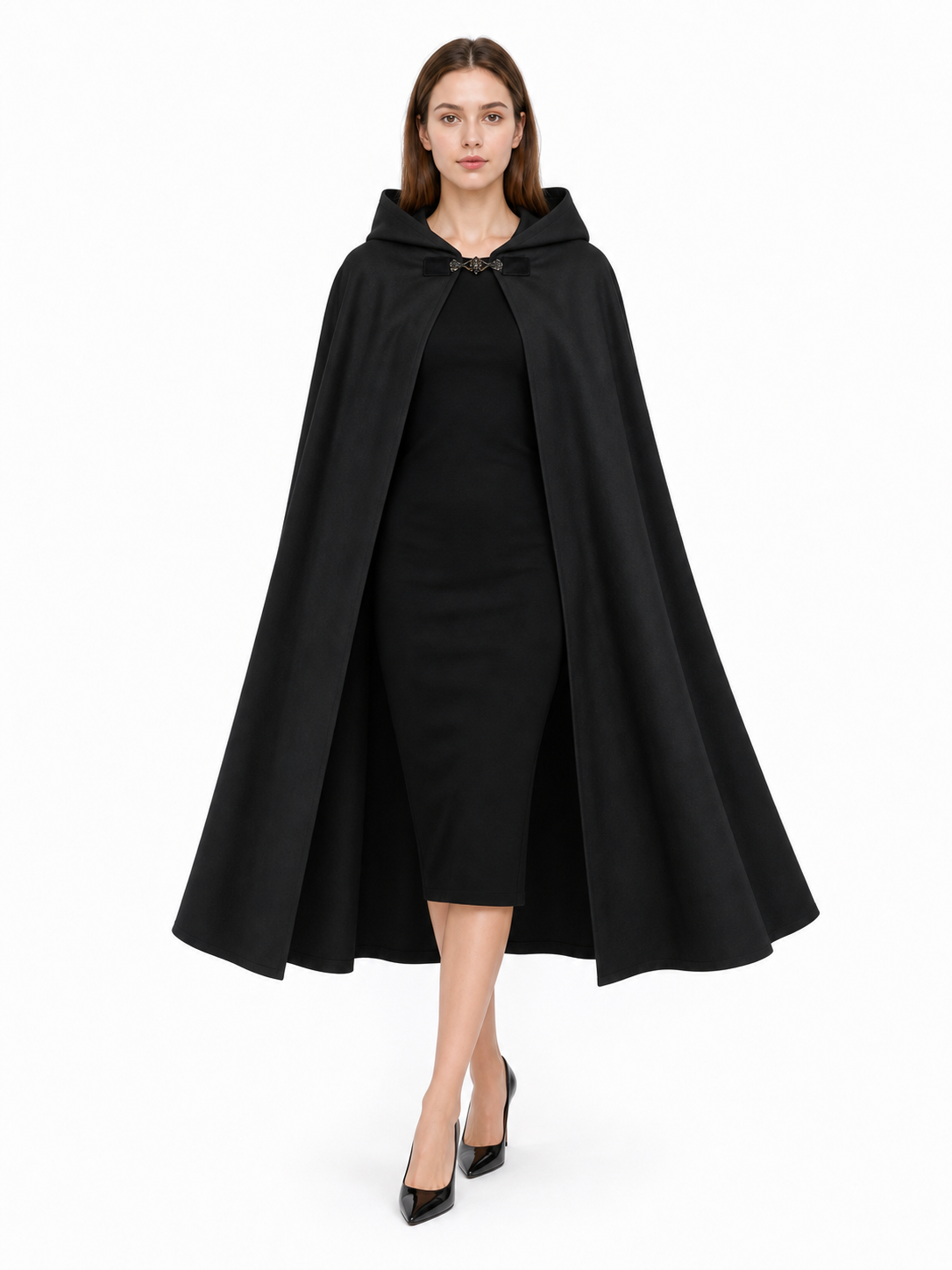 Long black hooded carnival cloak