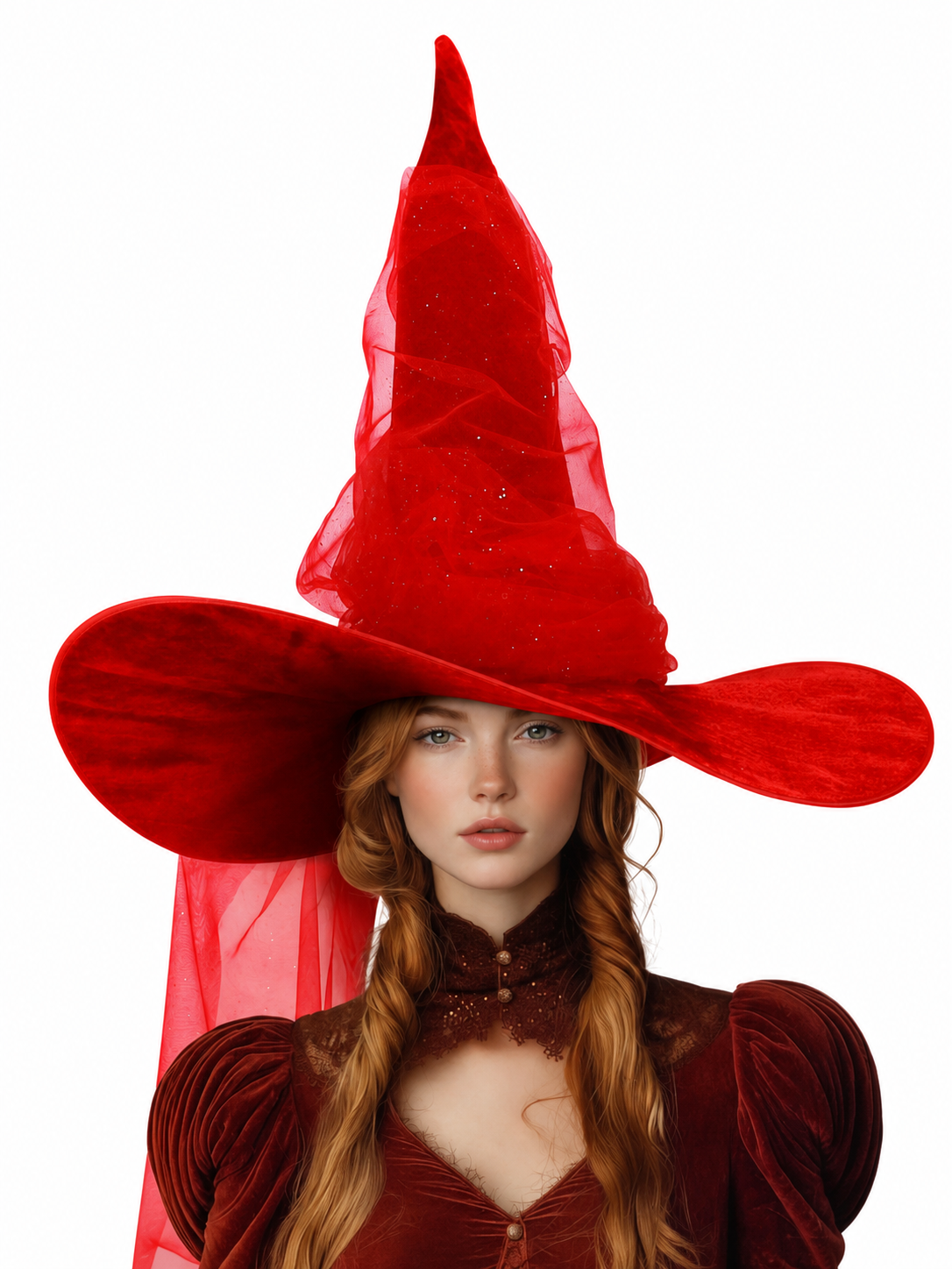 1pc Red Halloween Witch Hat with Very Tall Pointed Crown, Extra-Wide Floppy Brim and Sheer Glitter-Speckled Overlay for Cosplay Parties