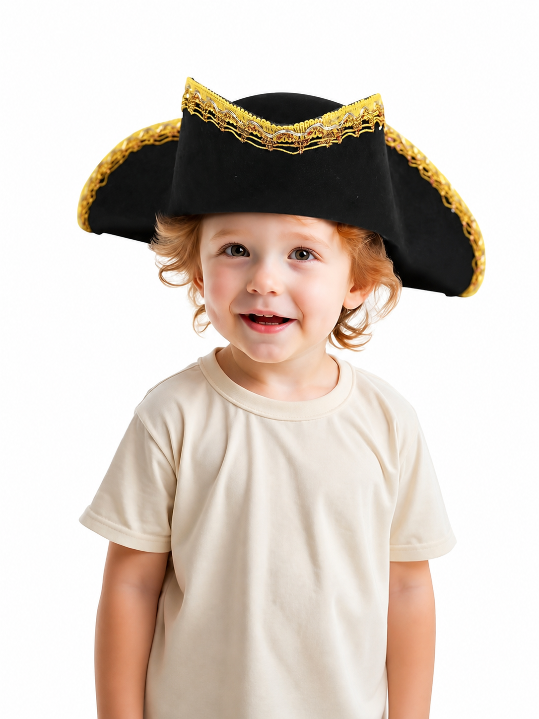 1pc Children's Pirate Hat, Black Wide Brim Pirate Costume Hat with Gold Decorative Trim, Tall Crown for Dress-Up Play and Costume Parties