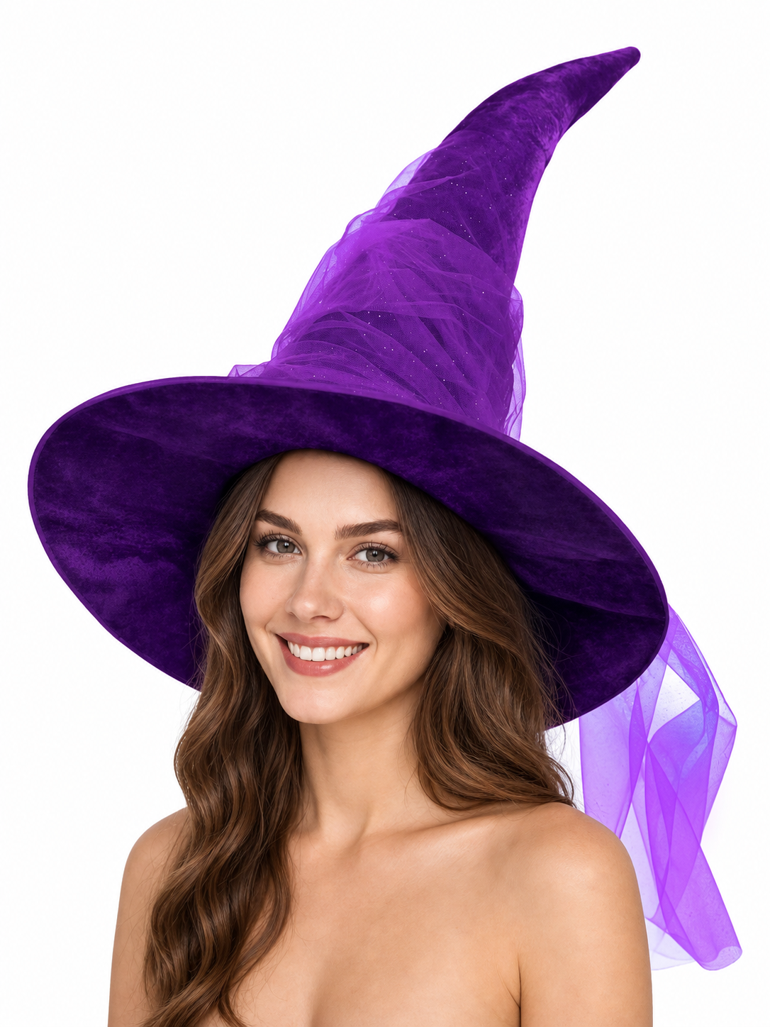 1pc Purple Halloween Witch Hat Wide Brim Crooked Pointed Crown With Sheer Mesh Veil Glitter Detail Costume Accessory