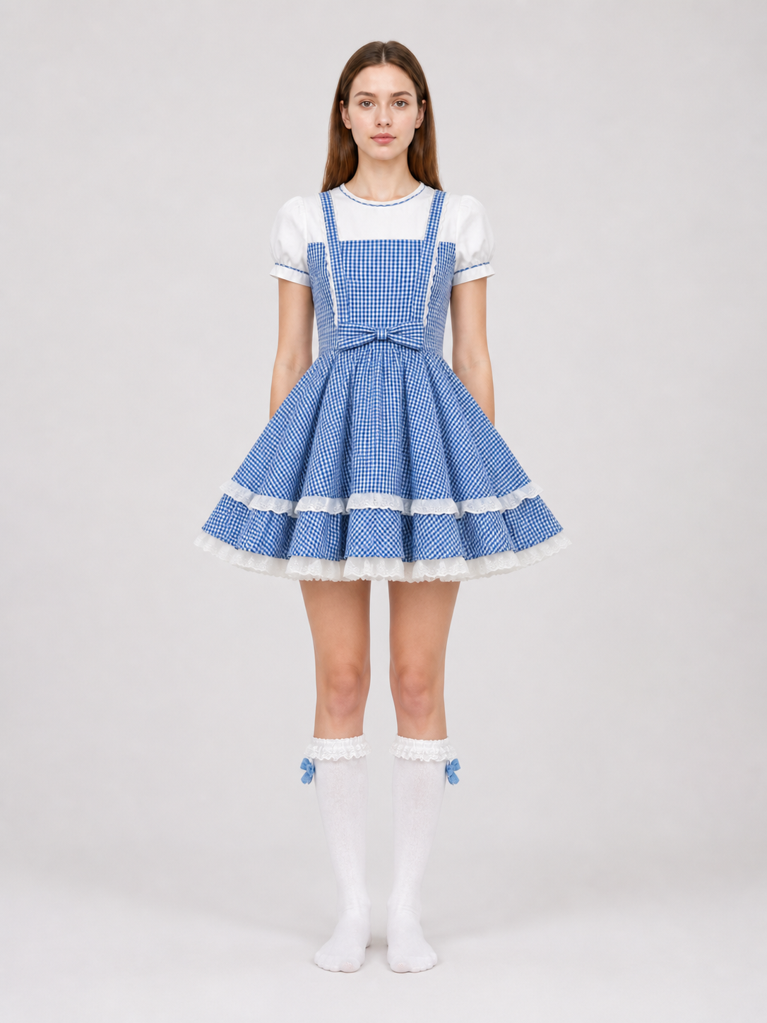 Retro-style plaid dress with socks and bows