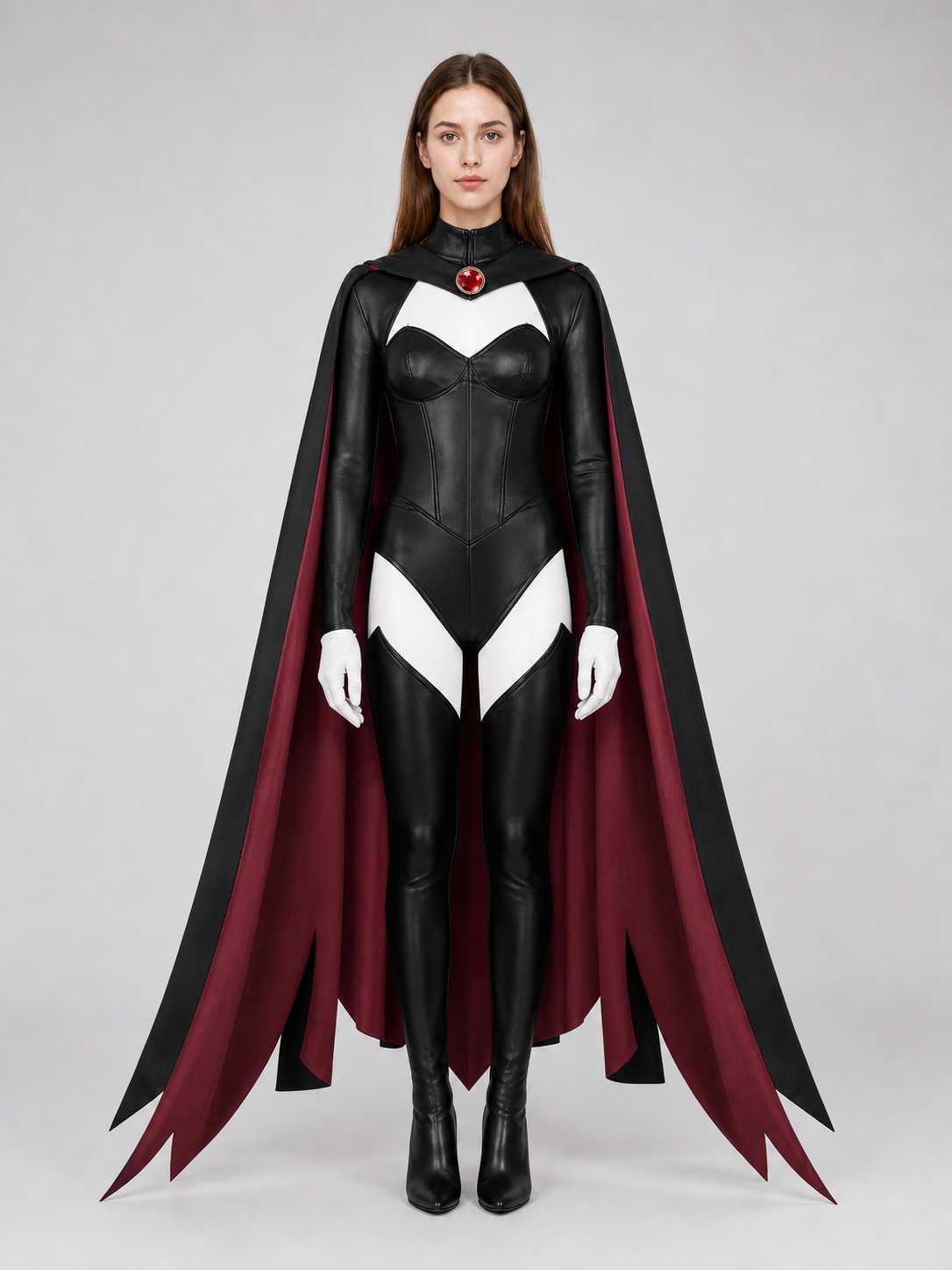 X-Men cosplay costume with cape in a black and burgundy color scheme. The set includes a one-piece costume and a cape, combined into a striking look for role-play transformations and themed events, including Halloween. The design features a
