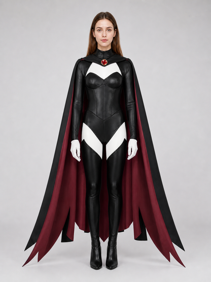 X-Men cosplay costume with cape in a black and burgundy color scheme. The set includes a one-piece costume and a cape, combined into a striking look for role-play transformations and themed events, including Halloween. The design features a