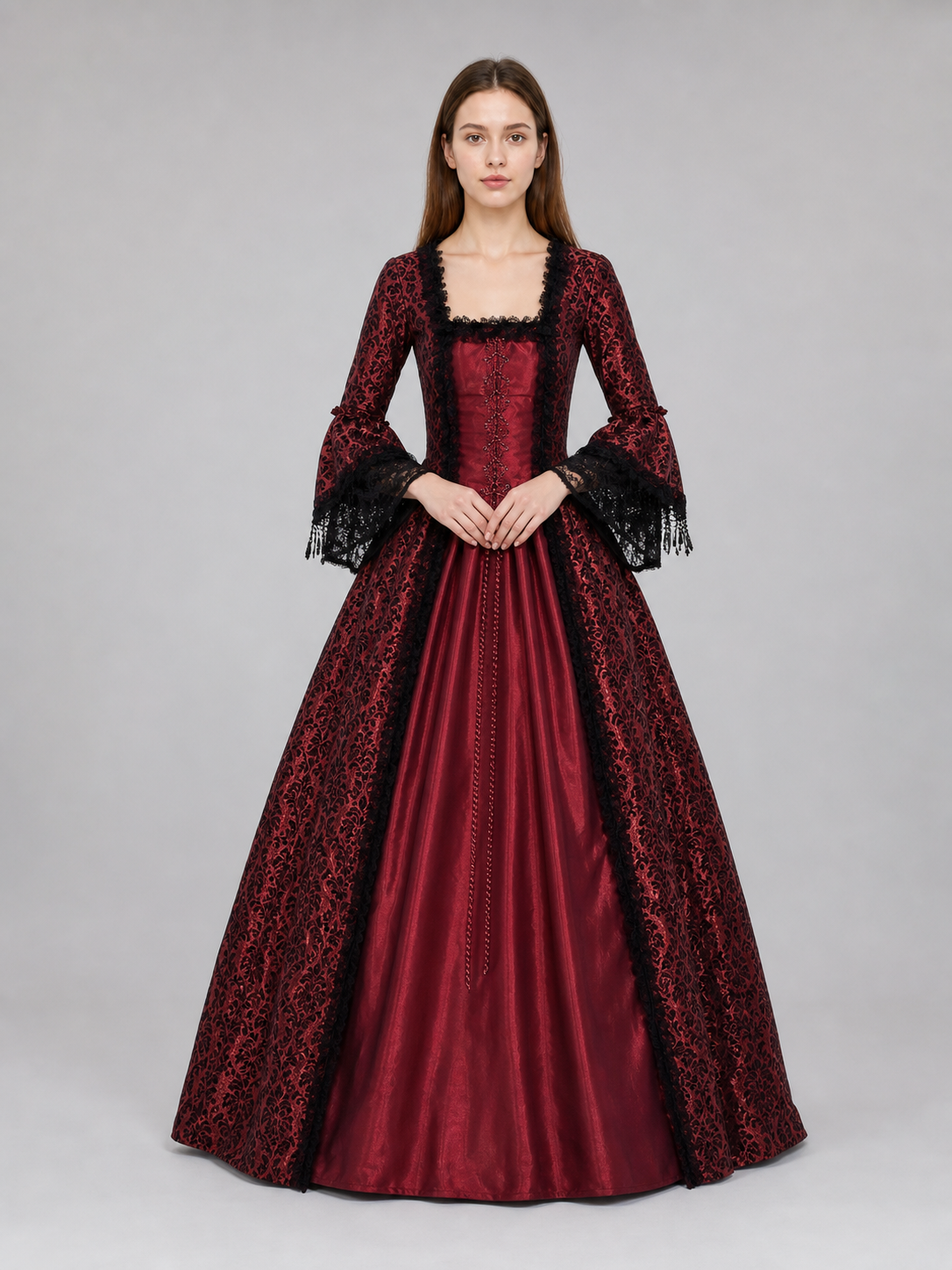 Renaissance-Style Dress with Lace and Long Sleeves main product view